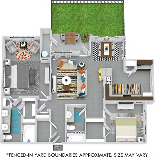 Rainey with Fenced-in Yard 3D 2 bedroom apartment. Kitchen with bartop open to living & dining rooms. Coffee bar in kitchen. 2 full bathrooms, double vanity in master. Walk-in closet in both bedrooms.