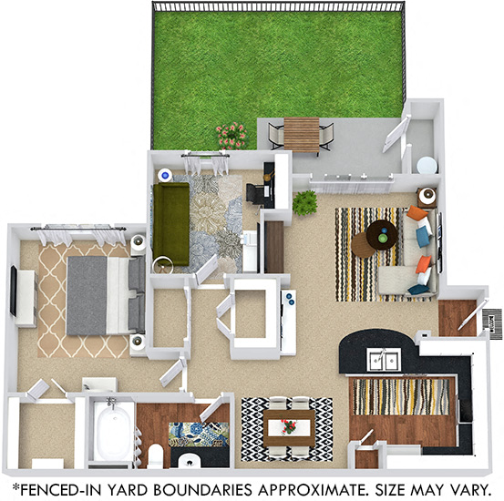 3D Roma with Fenced-in Yard 1 bedroom apartment with den. Kitchen with bartop open to living room and dining room. 1 full bath. Large walk-in closet. Second closet in hallway. Patio/balcony.