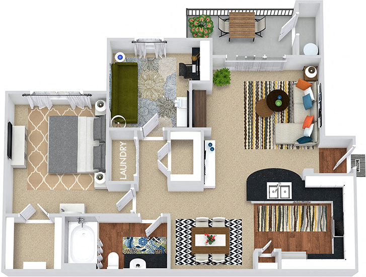 Roma 3D 1 bedroom apartment with den. Kitchen with bartop open to living room and dining room. 1 full bath with vanity. Large walk-in closet. Additional closet in hallway. Patio/balcony.