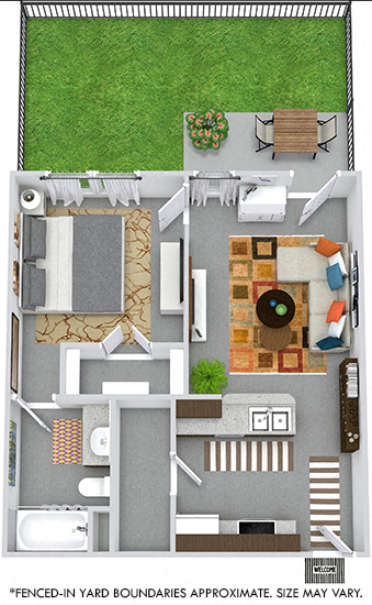 Trevino with Fenced-in Yard 1 bedroom apartment. Kitchen with bartop open to living room. 1 full bath. Large walk-in closet. Patio/balcony leading to yard..