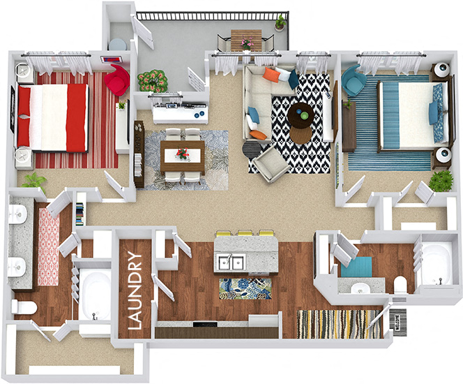 Vaughan 3D 2 bedroom apartment. Kitchen with island open to living & dining rooms. 2 full bathrooms, double vanity in master. Walk-in closet in both bedrooms. Patio/balcony.