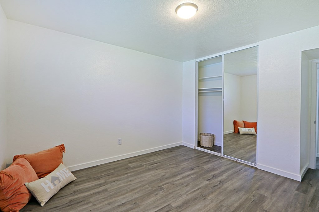 an empty living room with white walls and a mirrored closet