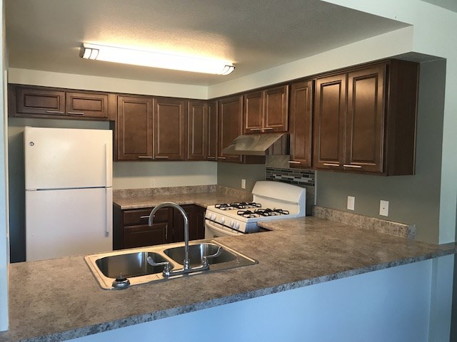 a kitchen with a counter top and a sink