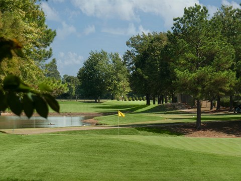 a golf course with a pond and a yellow flag