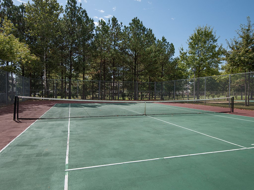 a tennis court with trees in the background on a sunny day