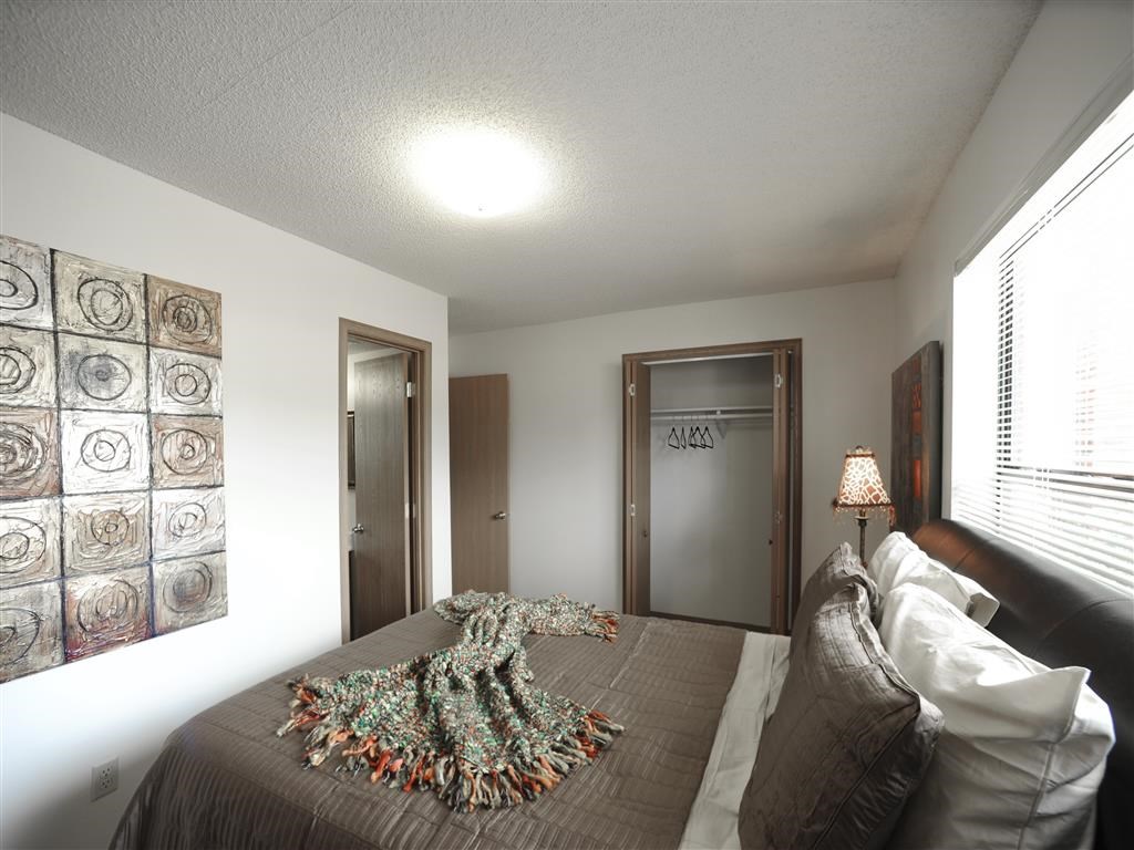 a bedroom with a bed with a blanket on top of it