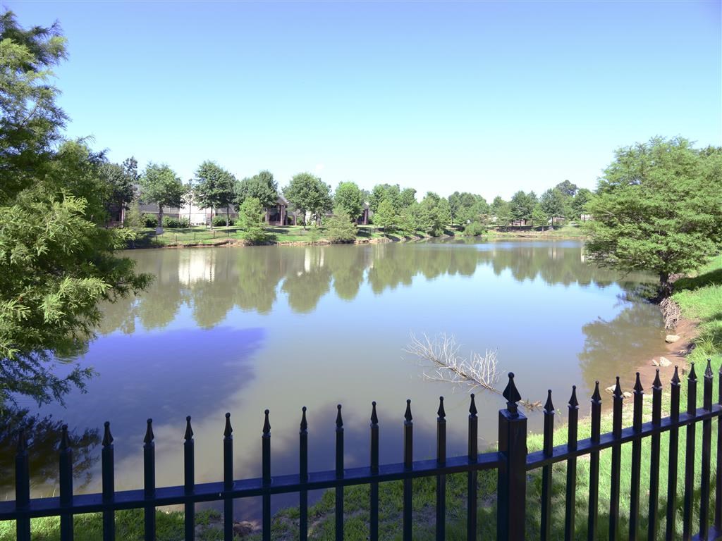 a view of a pond with a fence in front of it