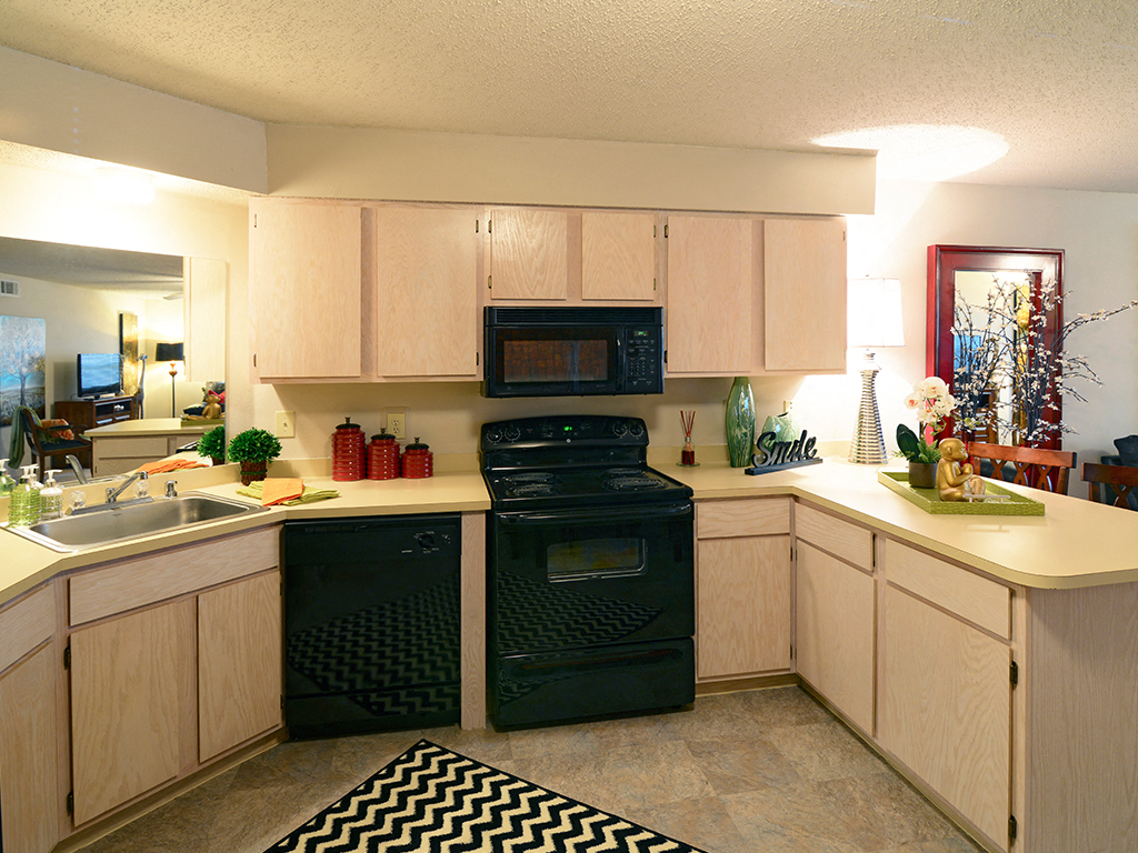 an apartment kitchen with black appliances and white counters