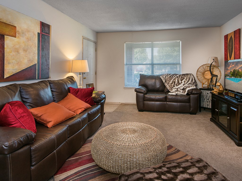 a living room with leather couches and a rug