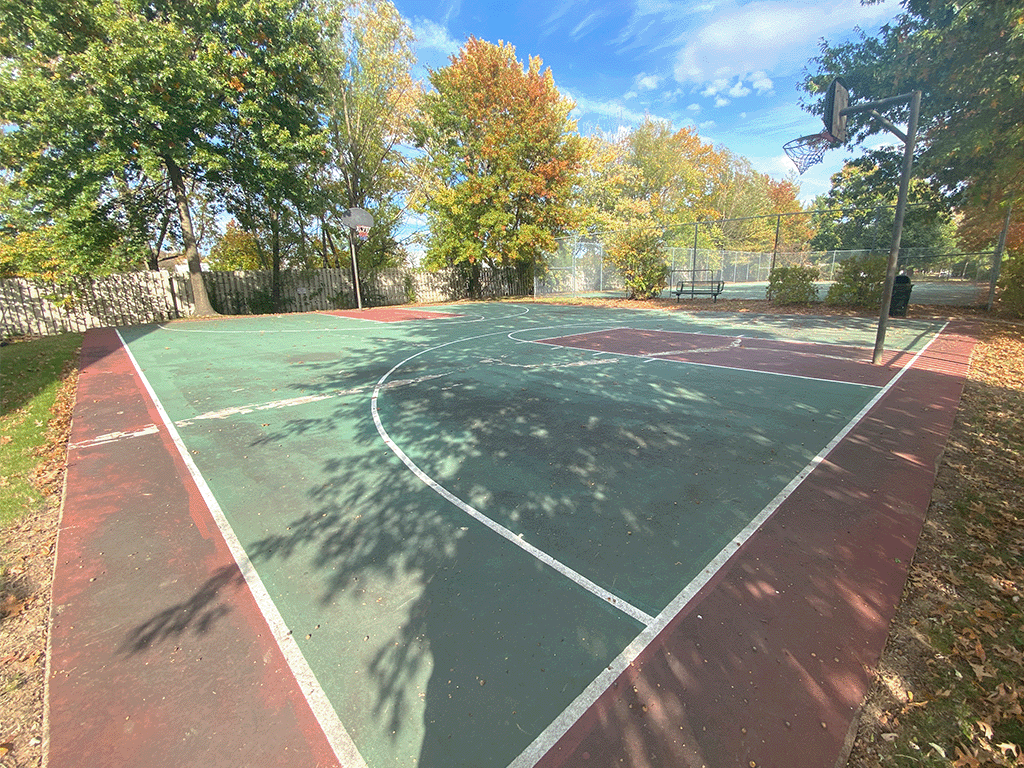 a basketball court with trees in the background on a sunny day