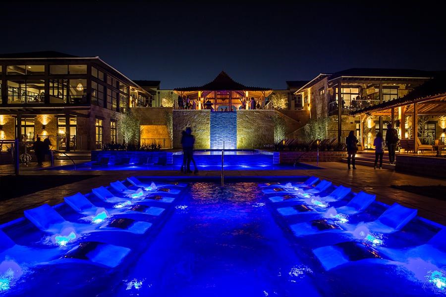 the pool is lit up at night