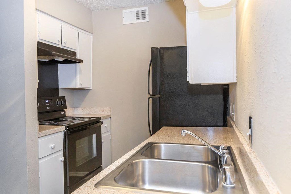 a kitchen with a sink and a stove and a refrigerator