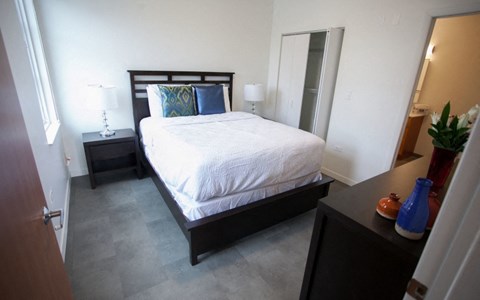 a bedroom with a bed and a dresser and a closet