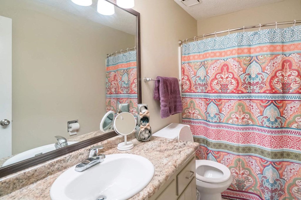 a bathroom with a sink toilet and a mirror