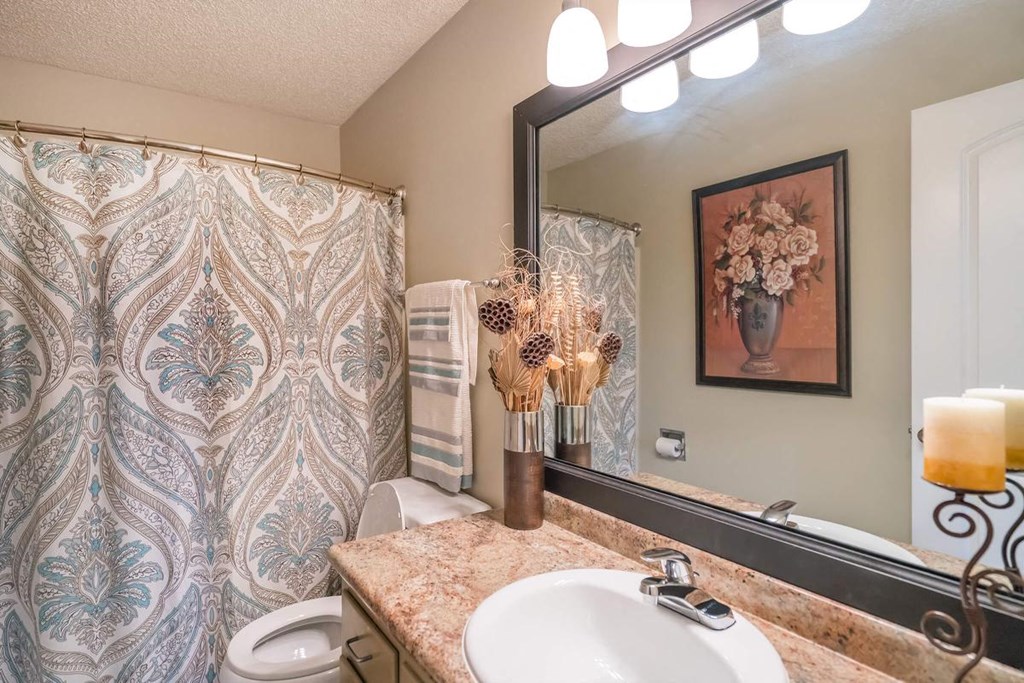 a bathroom with a sink and a shower and a toilet