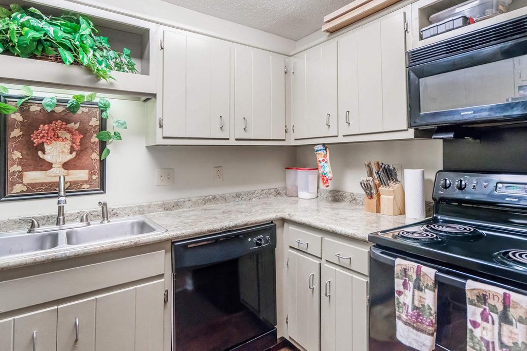a kitchen with white cabinets and a stove and a sink