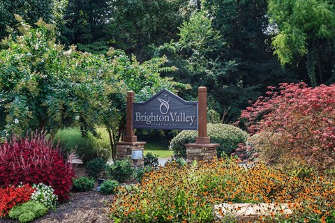 a sign for brighton valley in a garden