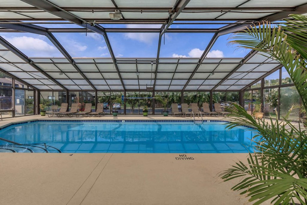 a swimming pool with chairs under a glass roof