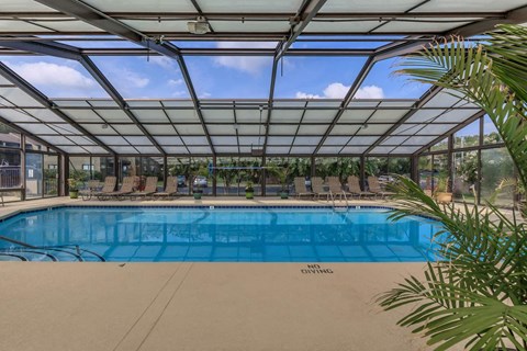 a swimming pool with chairs under a glass roof
