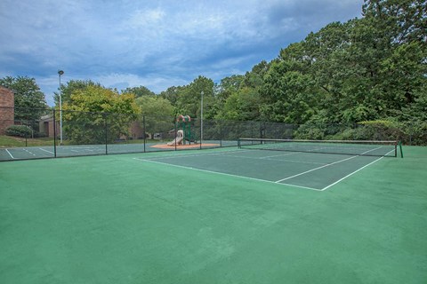 a tennis court with a person playing on it
