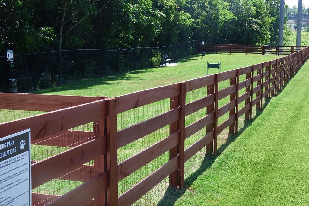a fence around a dog park with a bench