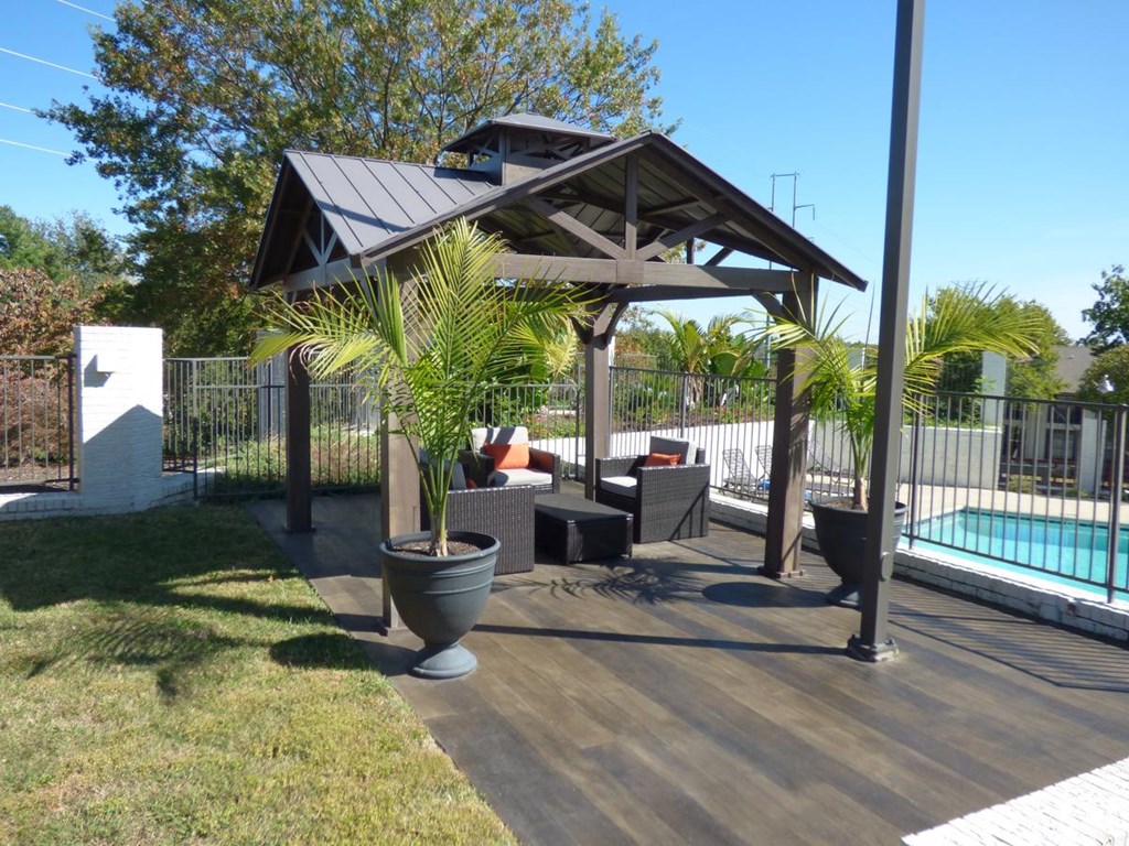 a gazebo with a pool in a backyard