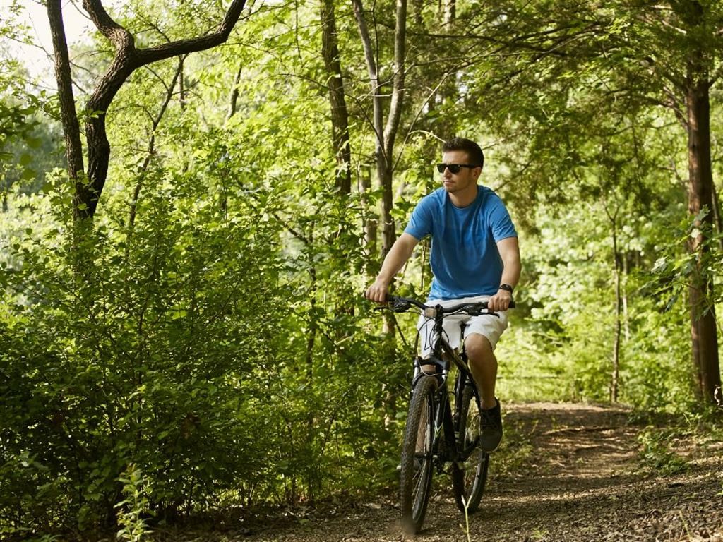 a man riding a bike down a dirt trail in the woods