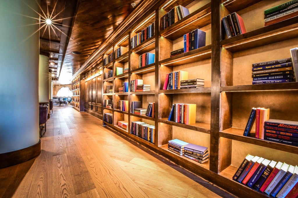 a library with wooden shelves filled with books