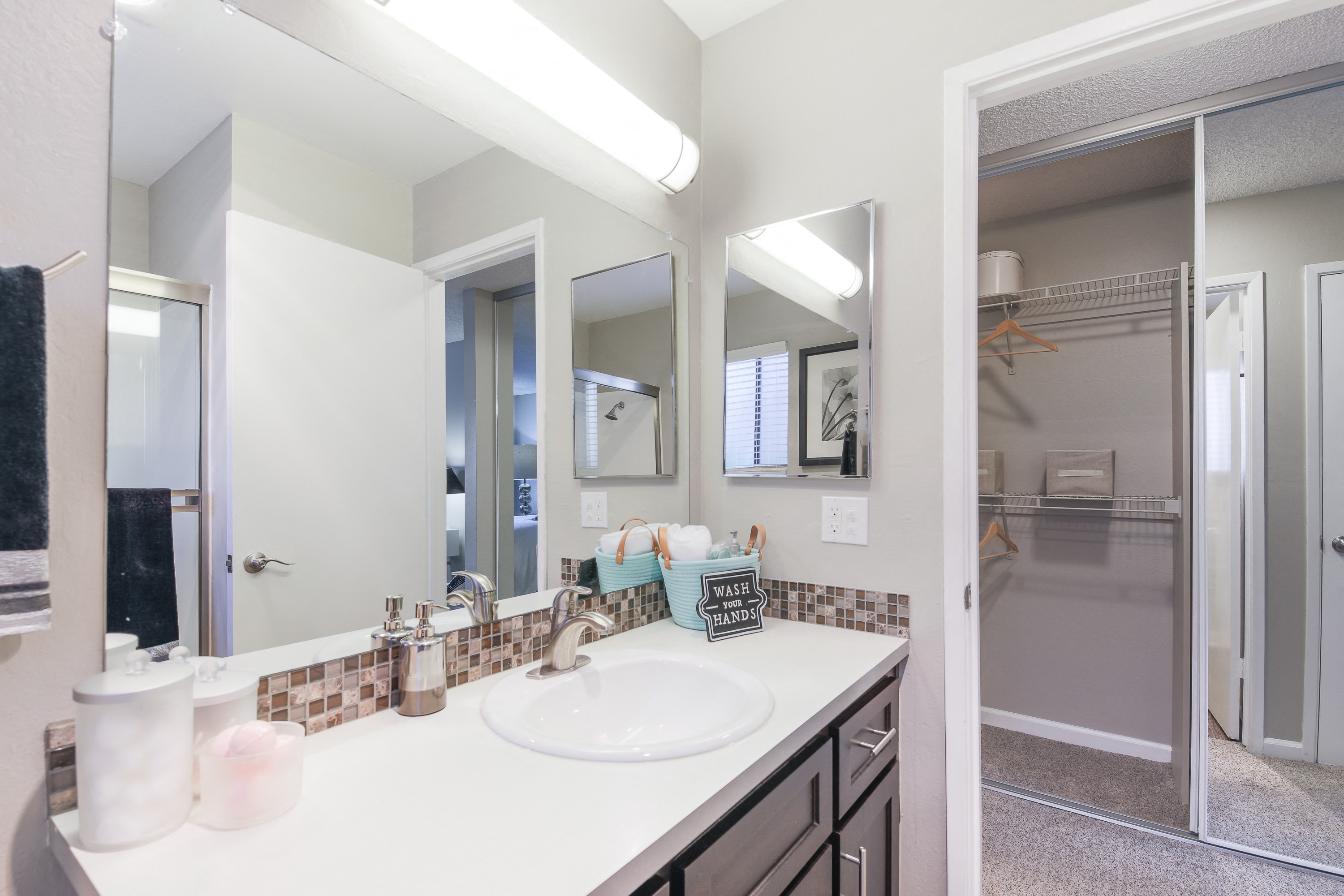 a bathroom with a sink and a mirror and a shower
