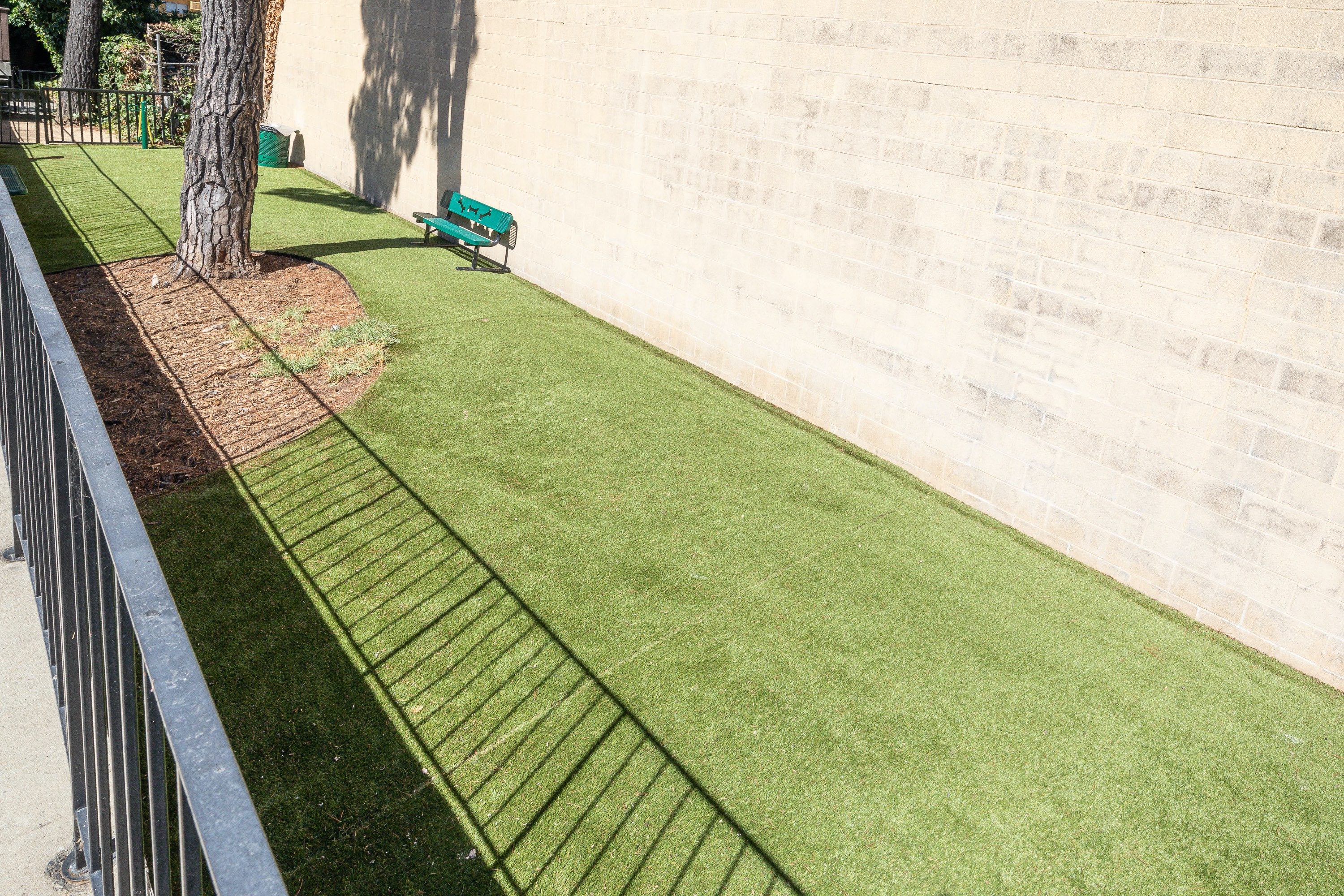 a green lawn with a bench next to a wall