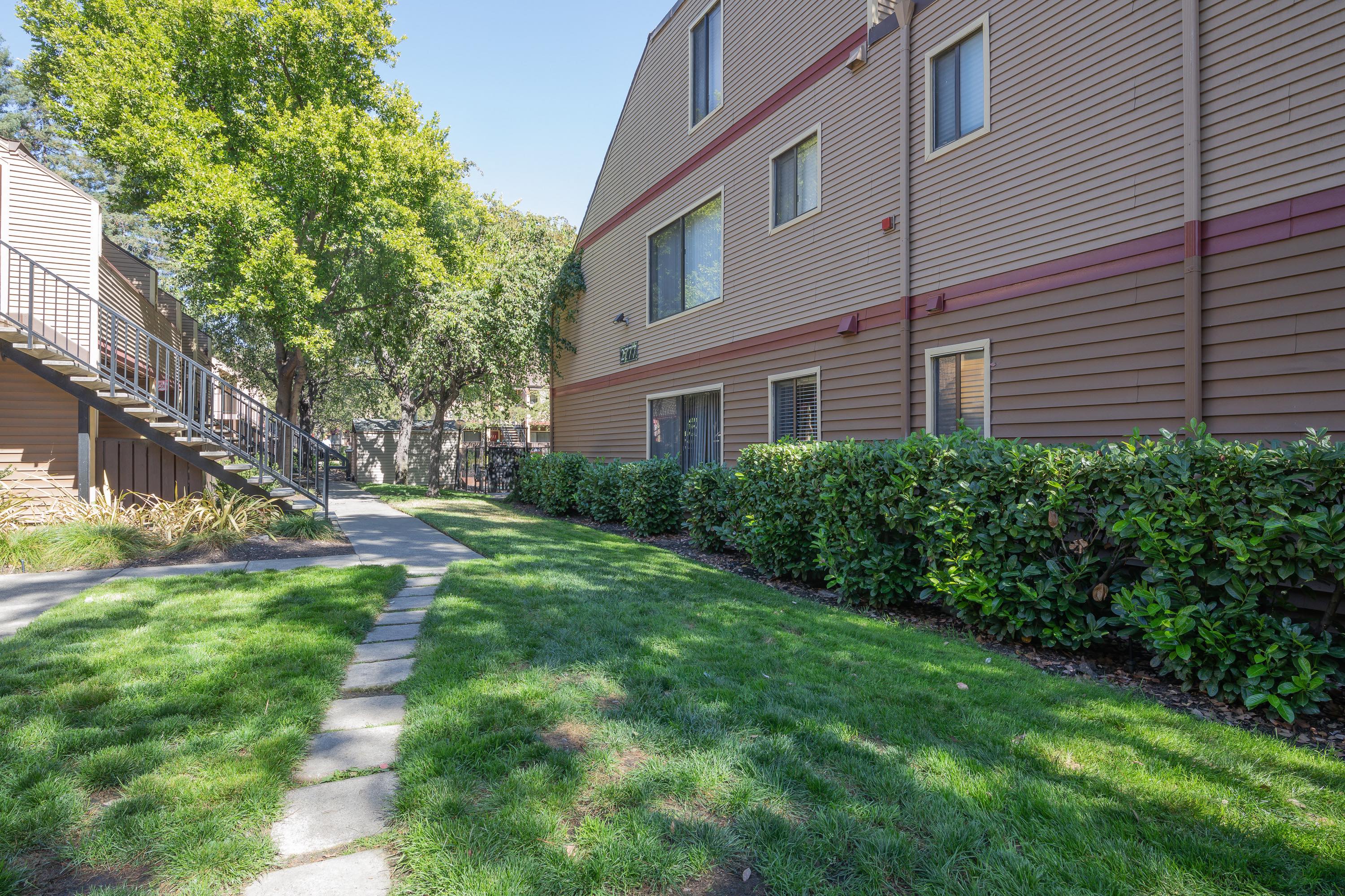 a walkway between two apartment buildings with grass and bushes