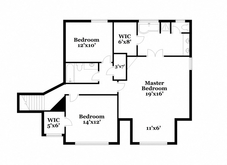 a floor plan of a house with a combination of bedrooms and baths