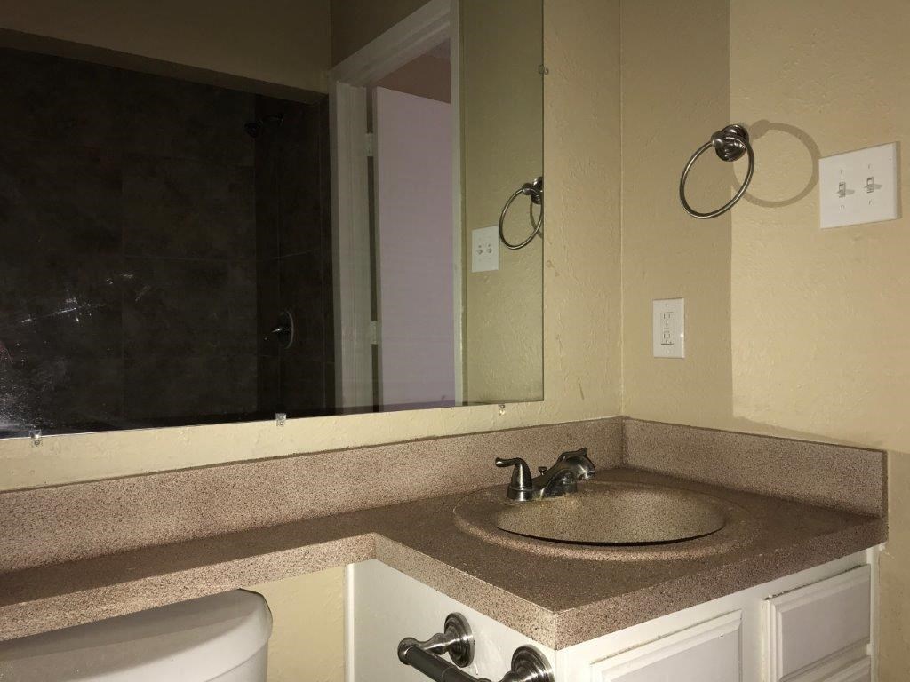 a bathroom with a sink and a large mirror