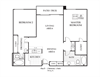 Two Bedroom Two Bathroom featuring a full kitchen and bathroom approximately 770 square feet, Floorplan is an artist rendering and all dimensions are approximate, Actual units vary in dimension and detail. Not all features are available in every unit. Prices and availability are subject to change without notice. Please call a representative for details