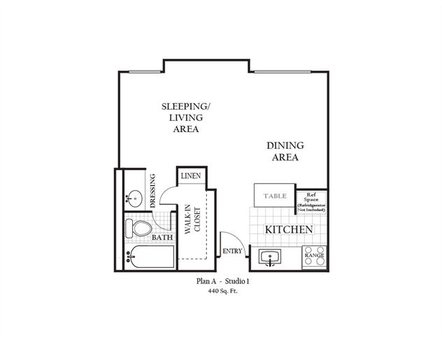 Studio apartment featuring a full kitchen and bathroom approximately 440 square feet, Floorplan is an artist rendering and all dimensions are approximate, Actual units vary in dimension and detail. Not all features are available in every unit. Prices and availability are subject to change without notice. Please call a representative for details
