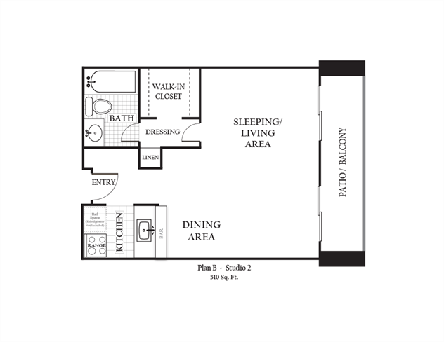 Studio apartment featuring a full kitchen and bathroom approximately 510 square feet, Floorplan is an artist rendering and all dimensions are approximate, Actual units vary in dimension and detail. Not all features are available in every unit. Prices and availability are subject to change without notice. Please call a representative for details
