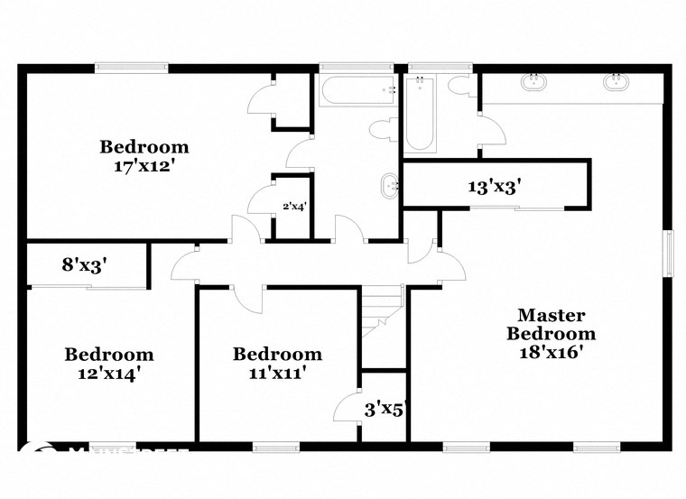 floor plan of the second level of a house with bedrooms and bathrooms