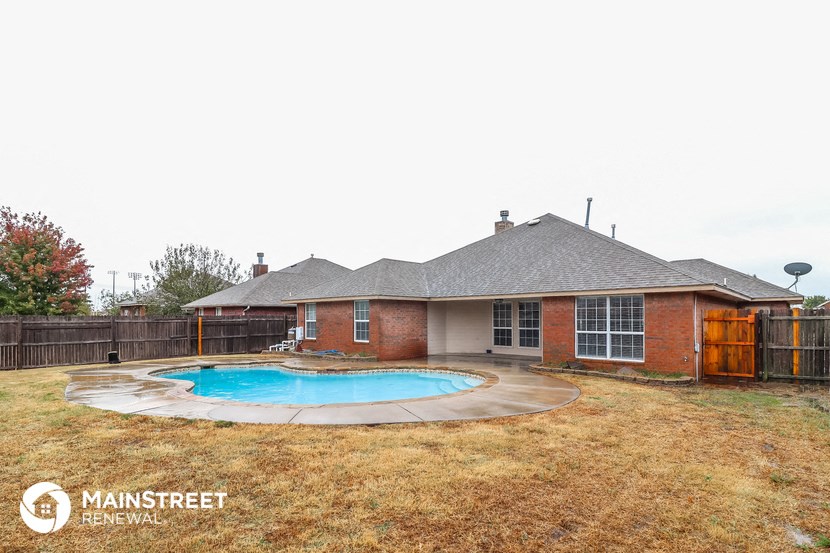 a backyard with a pool and a house
