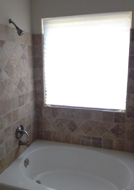 a bathroom with a bath tub and a window