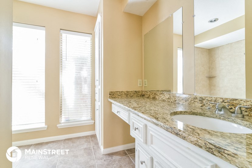 a bathroom with a sink and a large mirror