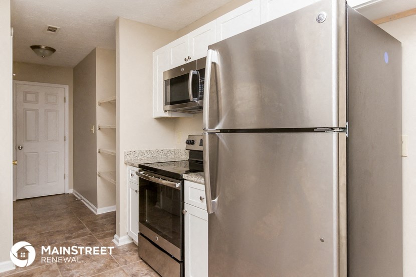a kitchen with stainless steel appliances and white cabinets