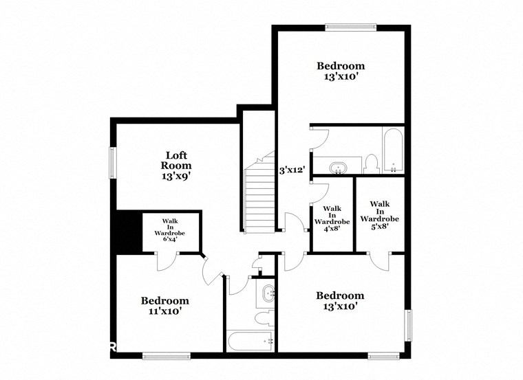 a floor plan of a house with an open floor plan with bedrooms and a bathroom