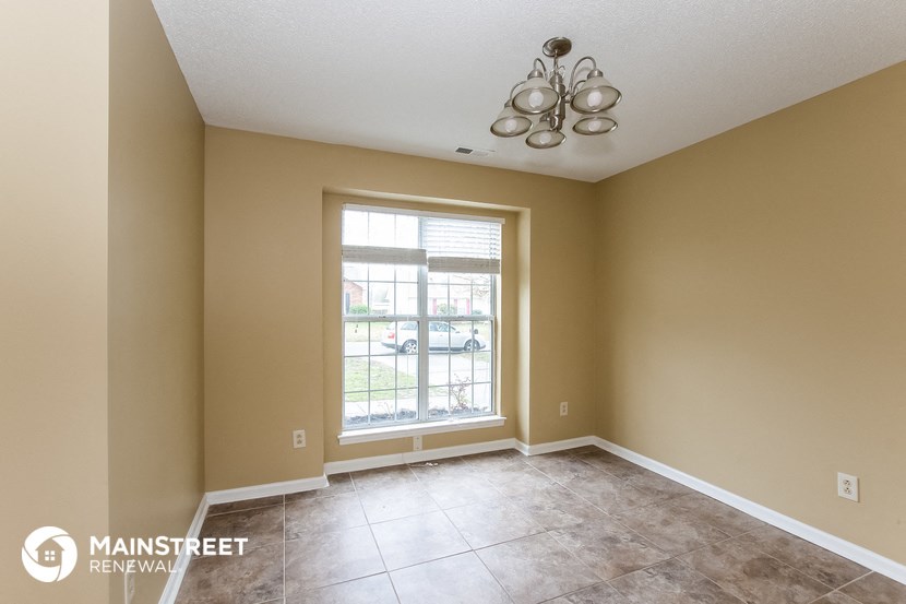 an empty living room with a large window