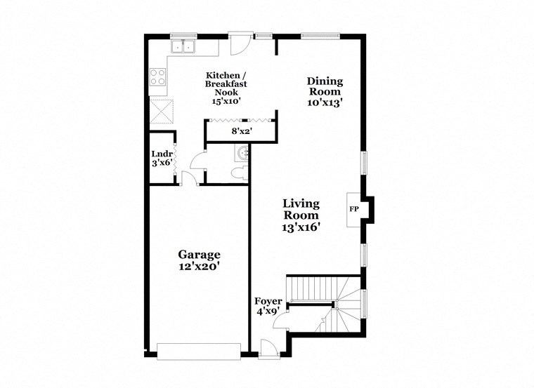 a floor plan of a house with a garage and a staircase