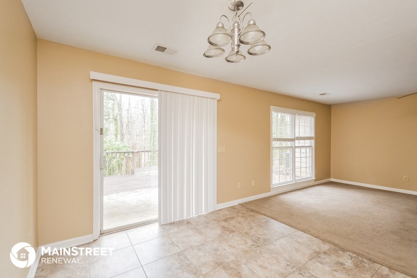 a formal living room with a sliding glass door to the patio