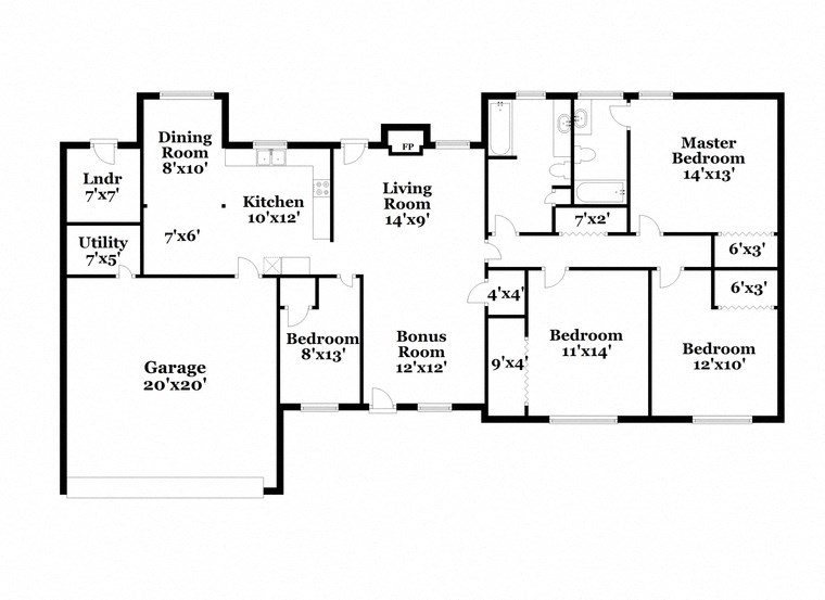 a floor plan of a house with bedrooms and baths and a garage