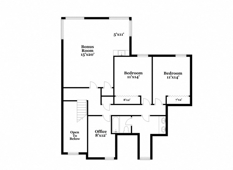 floor plan of the upper level of the house with bedrooms and baths
