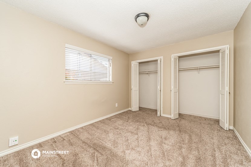 the spacious living room with two closets and carpeted flooring