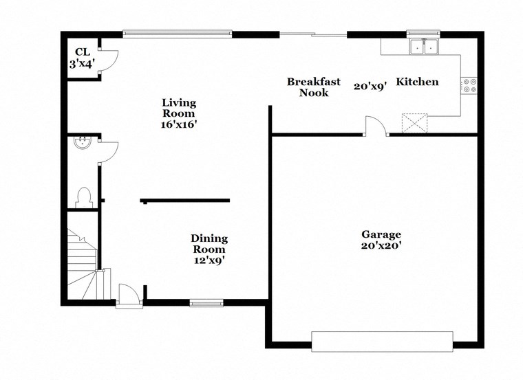 a floor plan of a house with a small kitchen and a living room