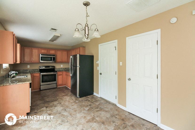 a kitchen with stainless steel appliances and wooden cabinets